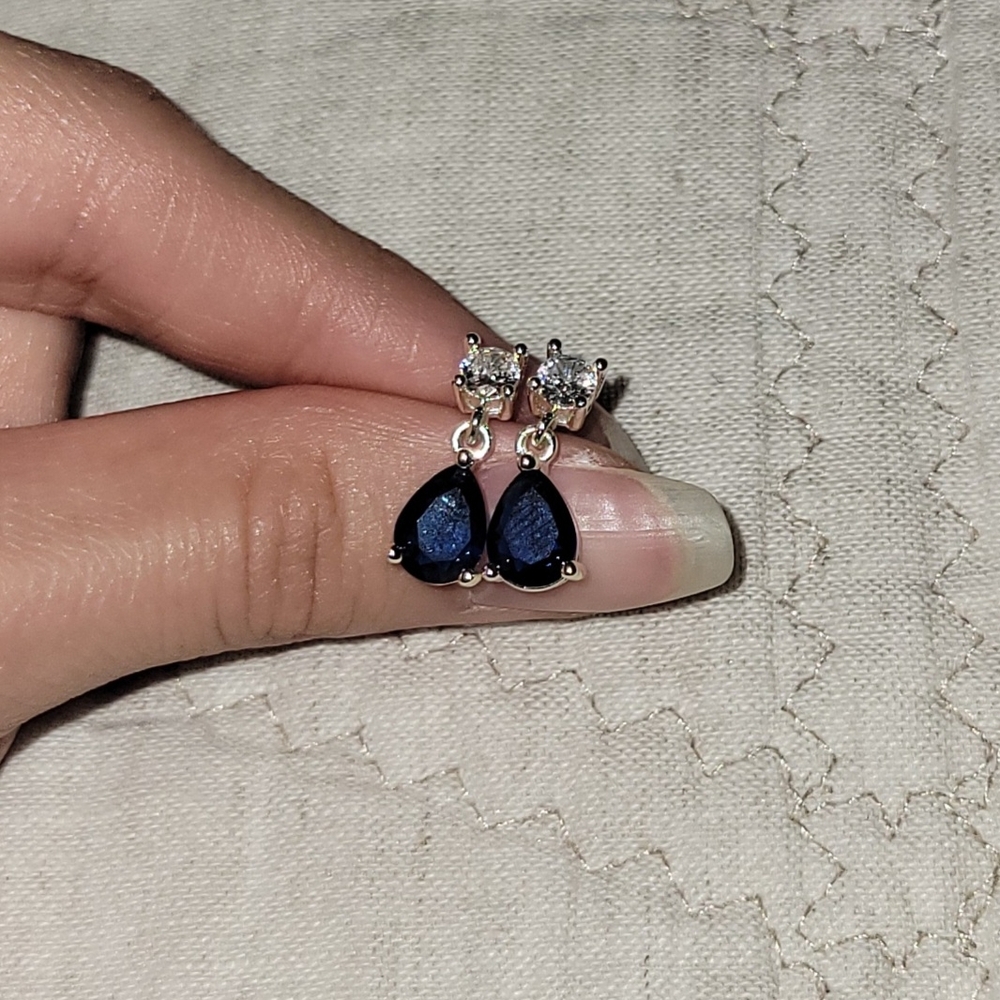 Elegant Silver and Sapphire Teardrop Earrings - Picture 1 of 1